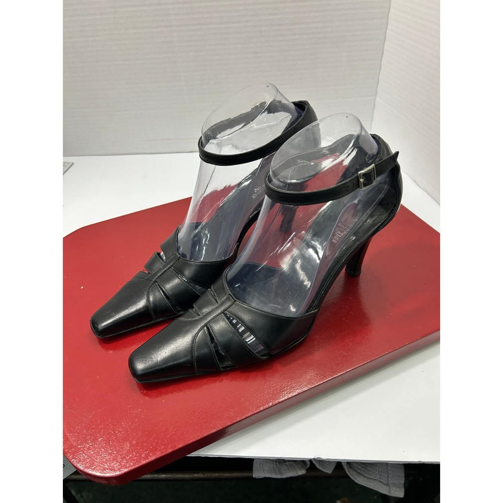 Casual Corner Caged Leather Heels 7.5 Black Ankle Strap Italian Office Academia